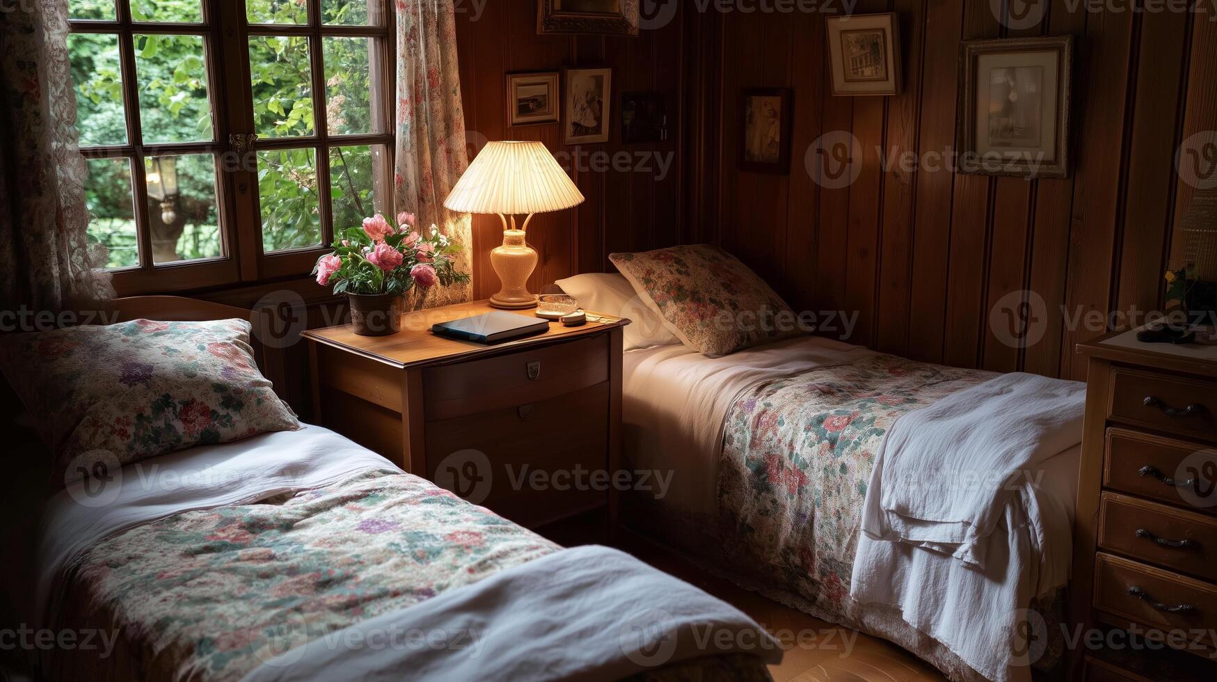 Cozy bedroom with twin beds illuminated by warm light in a rustic wooden cabin during the evening photo