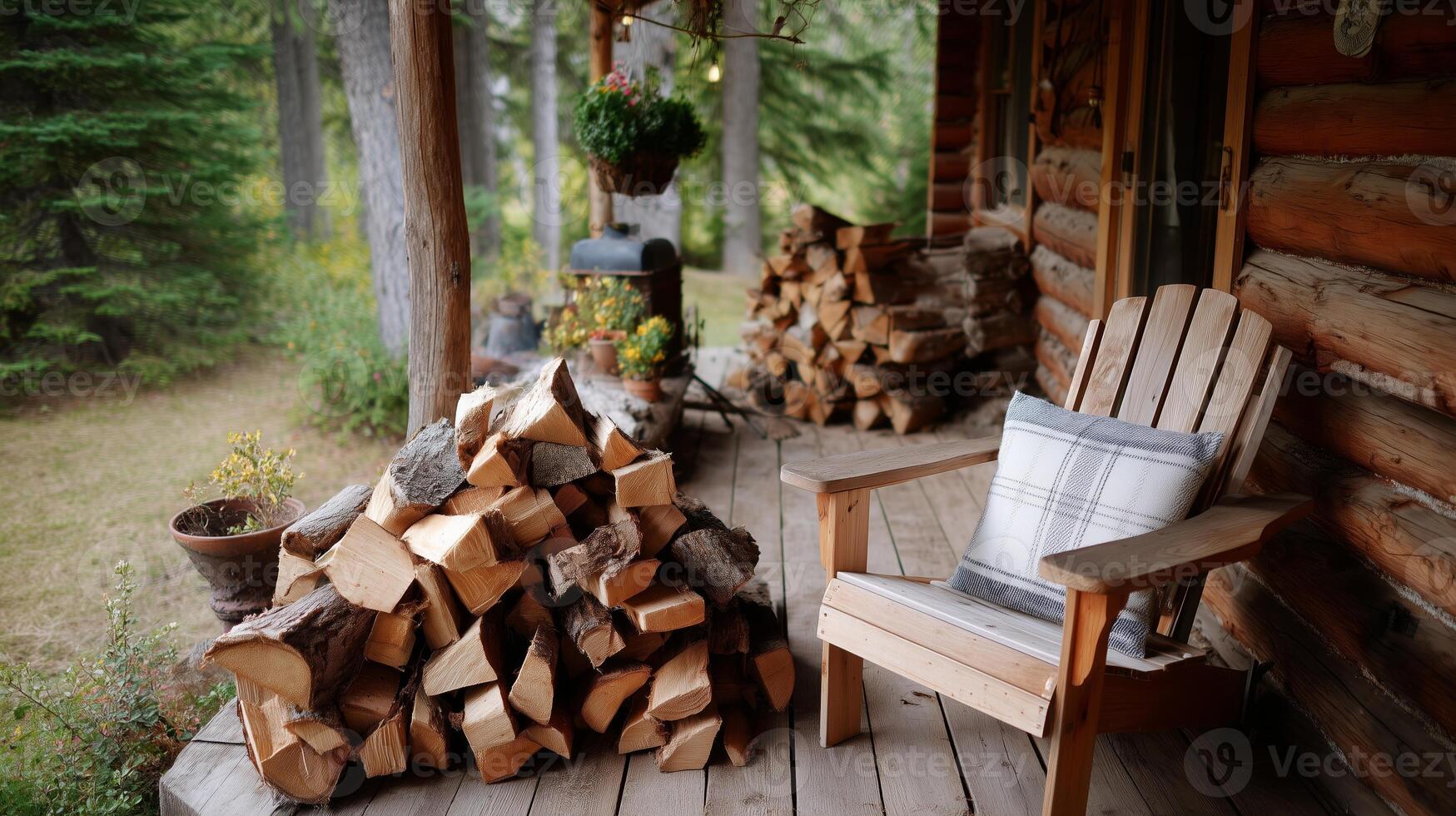 Cozy log cabin porch with stacked firewood and an inviting chair on a serene autumn day photo