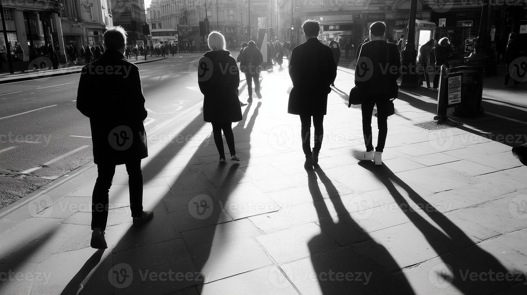 Group of individuals walking in the city at dusk, casting long shadows on a busy street photo