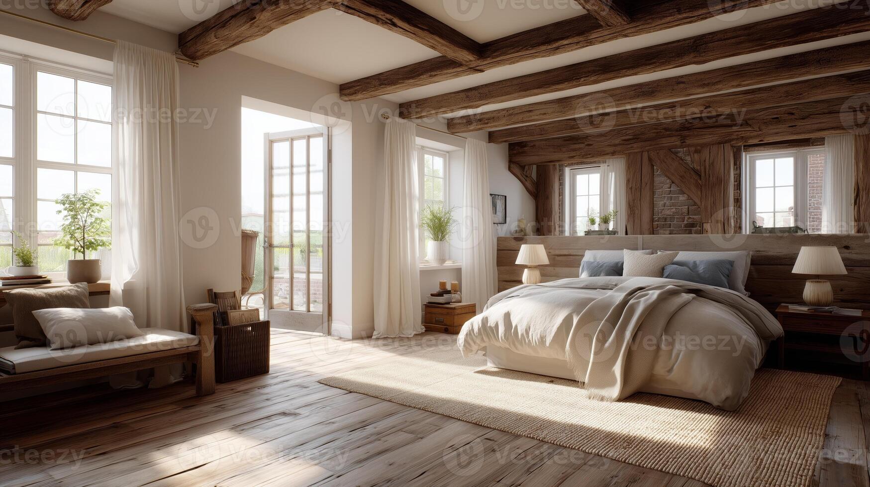Cozy modern bedroom with wooden beams and natural light in a serene countryside setting photo