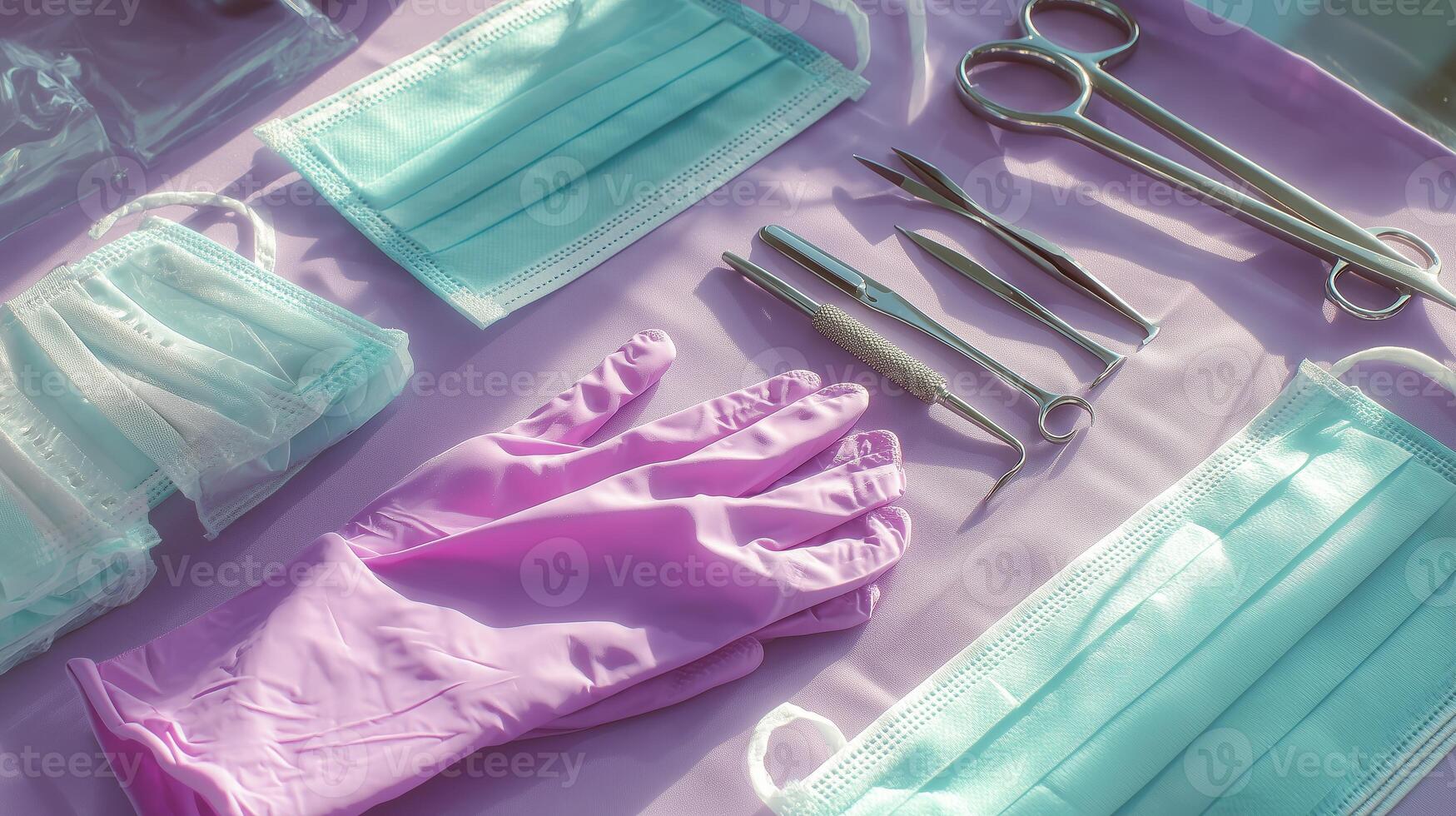 Medical tools and equipment arranged on a table, ready for use in a health clinic or dental office photo
