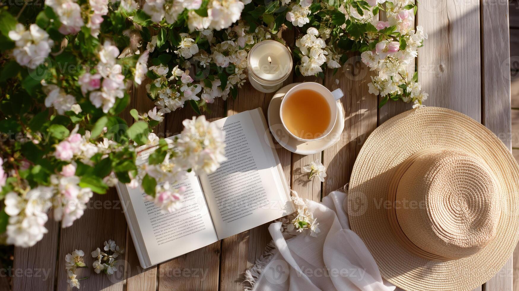 Relaxing afternoon with a book, tea, and hat surrounded by blooming flowers photo