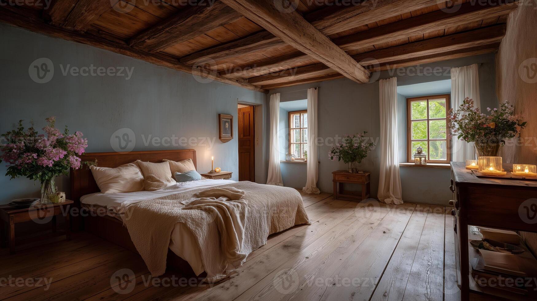Cozy rustic bedroom with wooden beams and soft natural light in a serene countryside setting photo