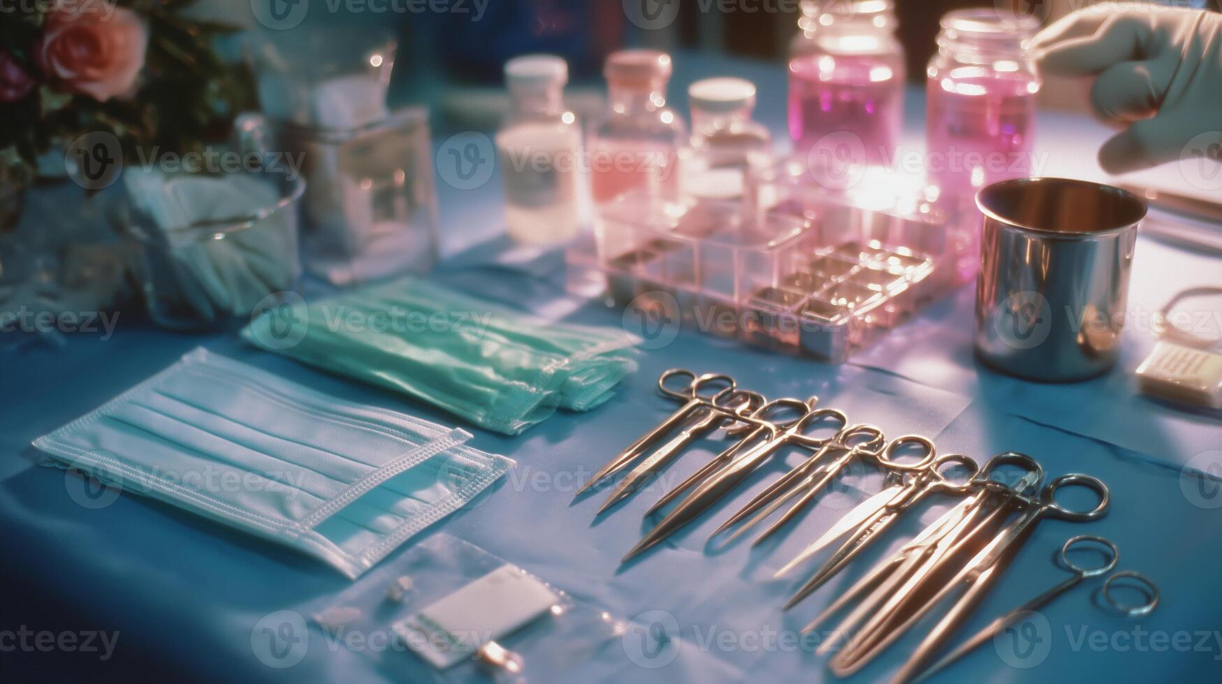 Medical tools and supplies arranged on a table in a clinical setting during a procedure preparation photo