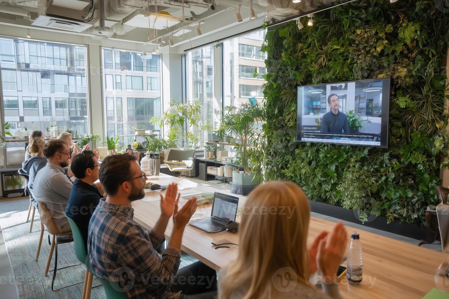 Team meeting in a modern office with a presentation and engaged participants photo