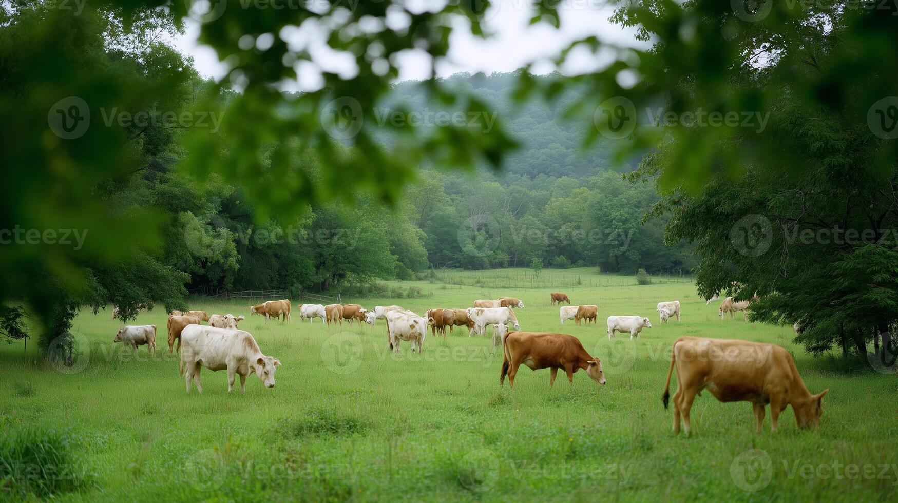 Cows grazing peacefully in a lush green pasture on a cloudy day in rural countryside photo