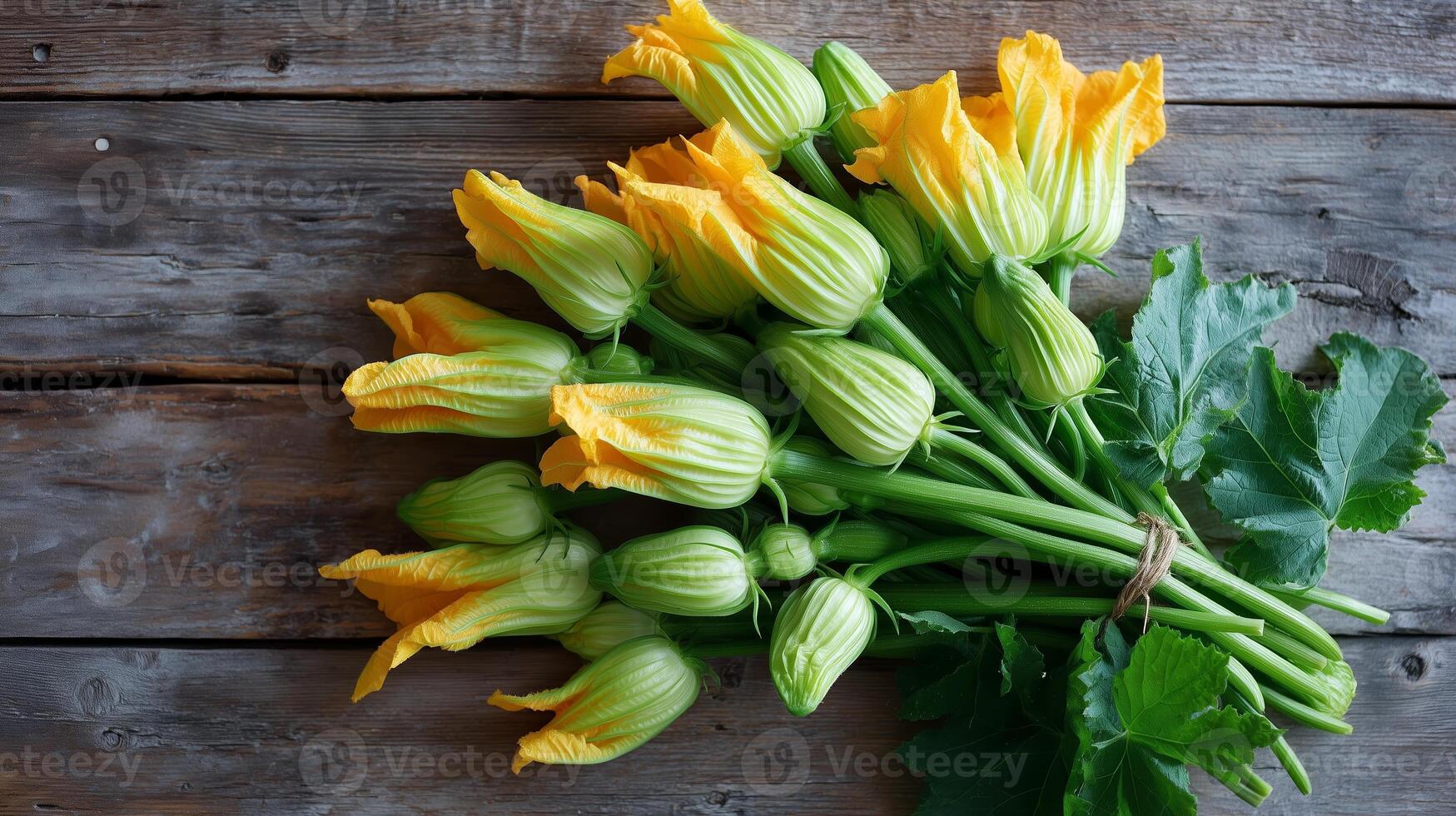 Freshly picked zucchini flowers arranged on rustic wooden table showcasing vibrant colors of spring harvest photo