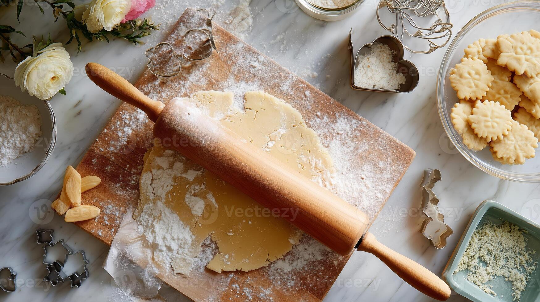 Baking cookies with dough, rolling pin, and cookie cutters on a marble countertop in a well-lit kitchen photo