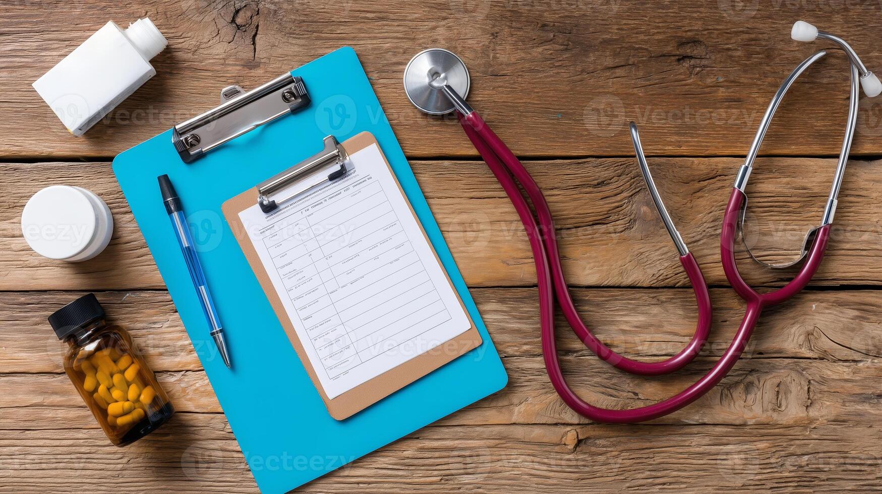Medical supplies and paperwork arranged on a wooden table for healthcare activities in a clinical setting photo