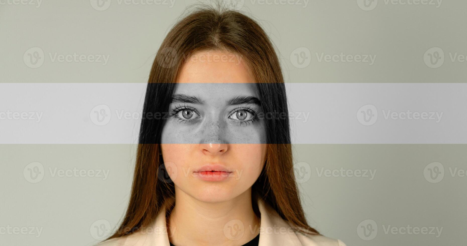 Portrait of a young woman with a modern artistic overlay in a neutral-toned studio setting photo