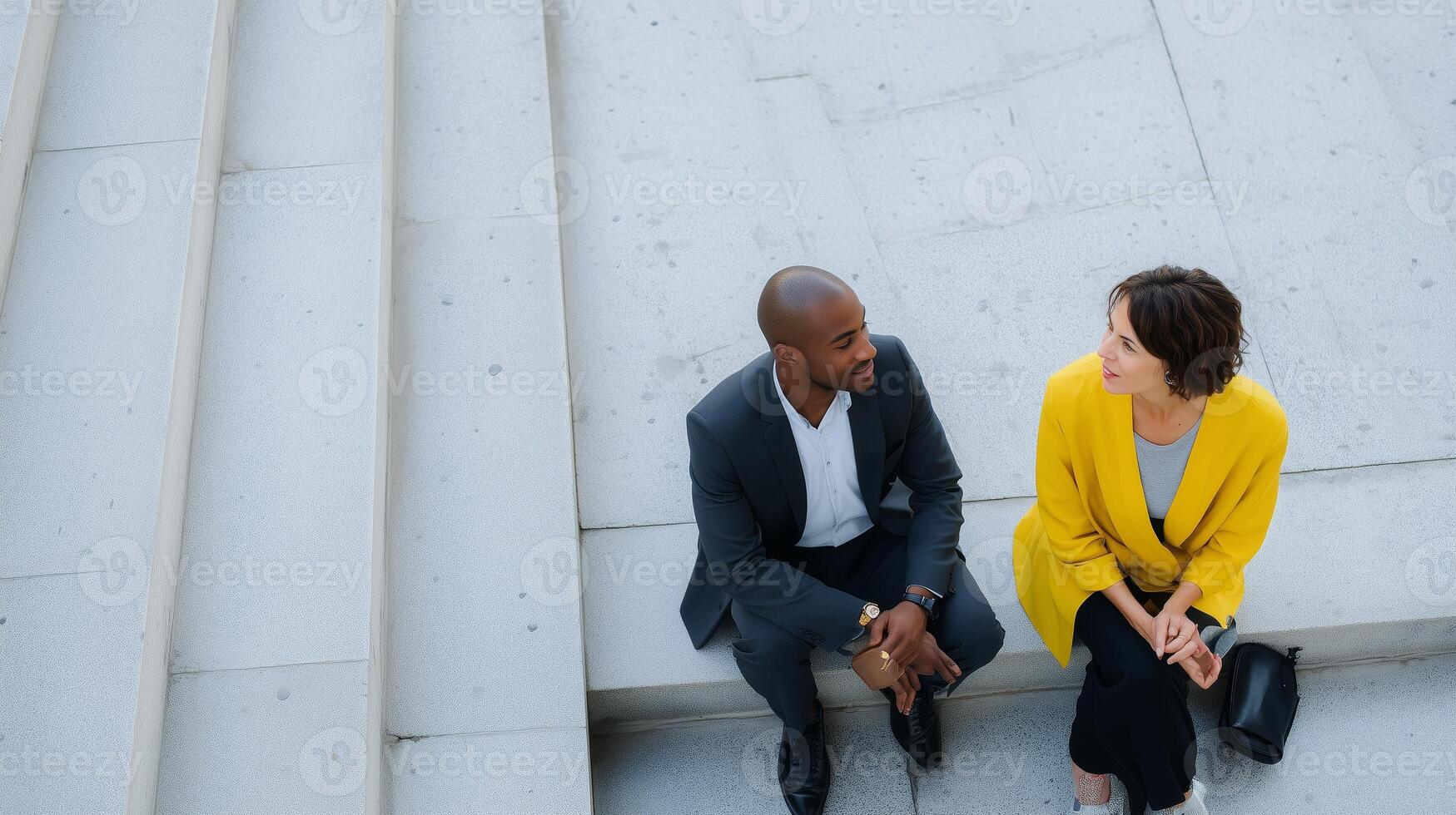 Two professionals engaged in conversation on outdoor stairs during a sunny day in an urban setting photo
