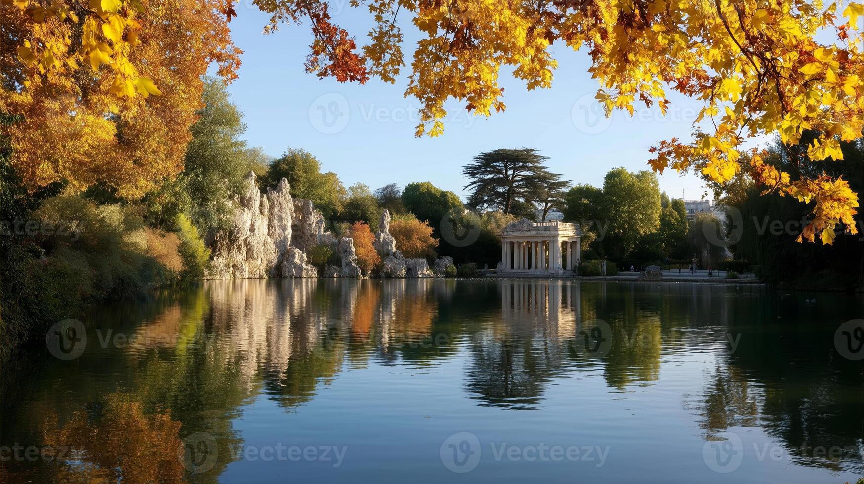 Autumn reflections in a serene park near a classical pavilion under a clear sky photo