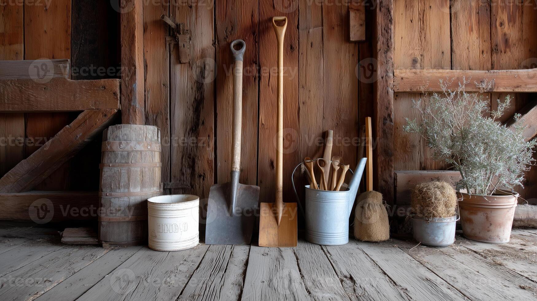 Rustic tools and containers arranged on a wooden floor in a barn during daylight photo