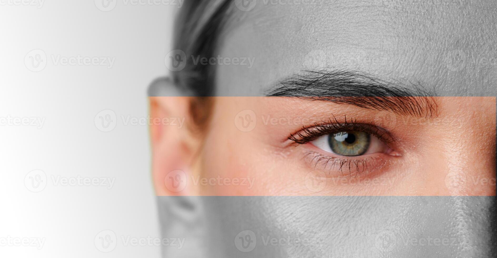 Intricate close-up of a human eye showcasing detailed texture and color contrasts in a modern artistic interpretation photo