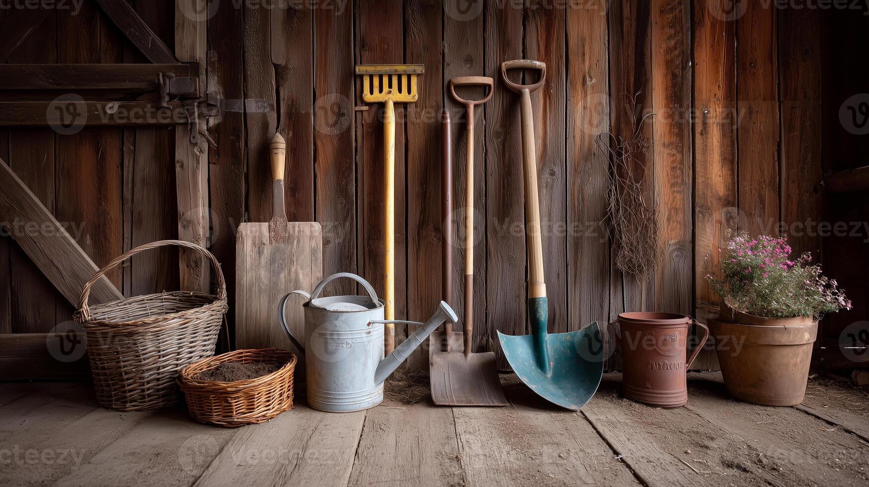 Collection of gardening tools and accessories arranged in a rustic setting with wooden backdrop photo
