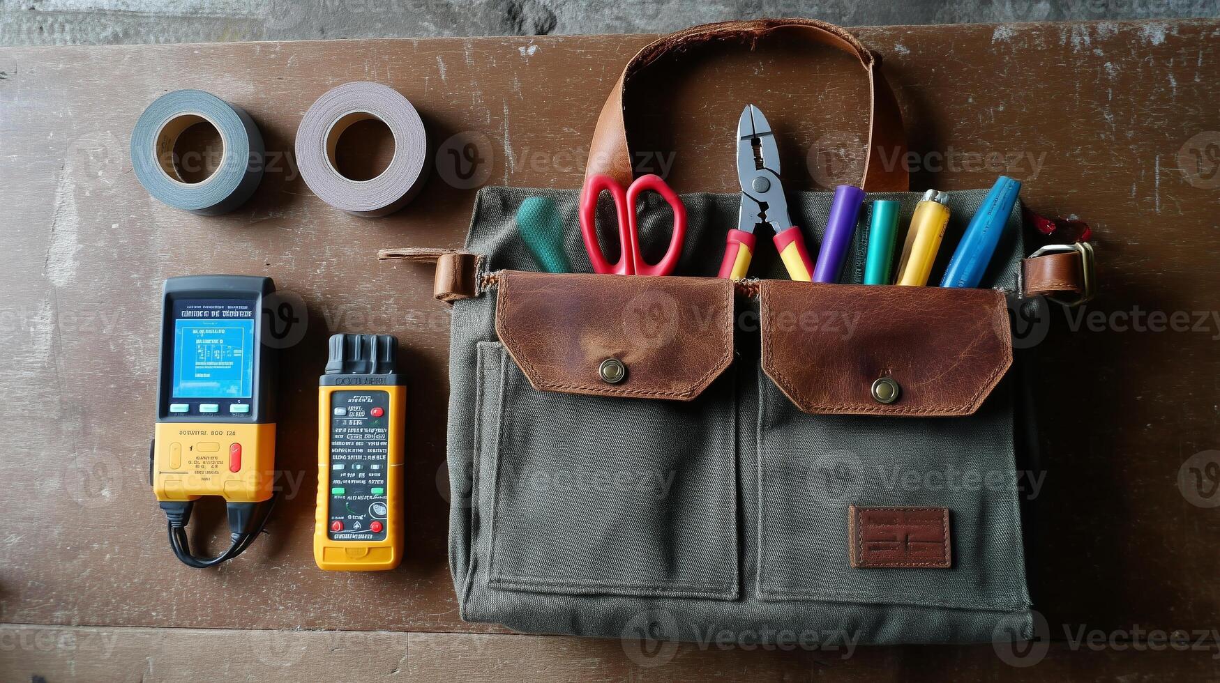 Tools and equipment arranged on a wooden surface showcasing an organized storage bag and measuring devices in a workshop setting photo