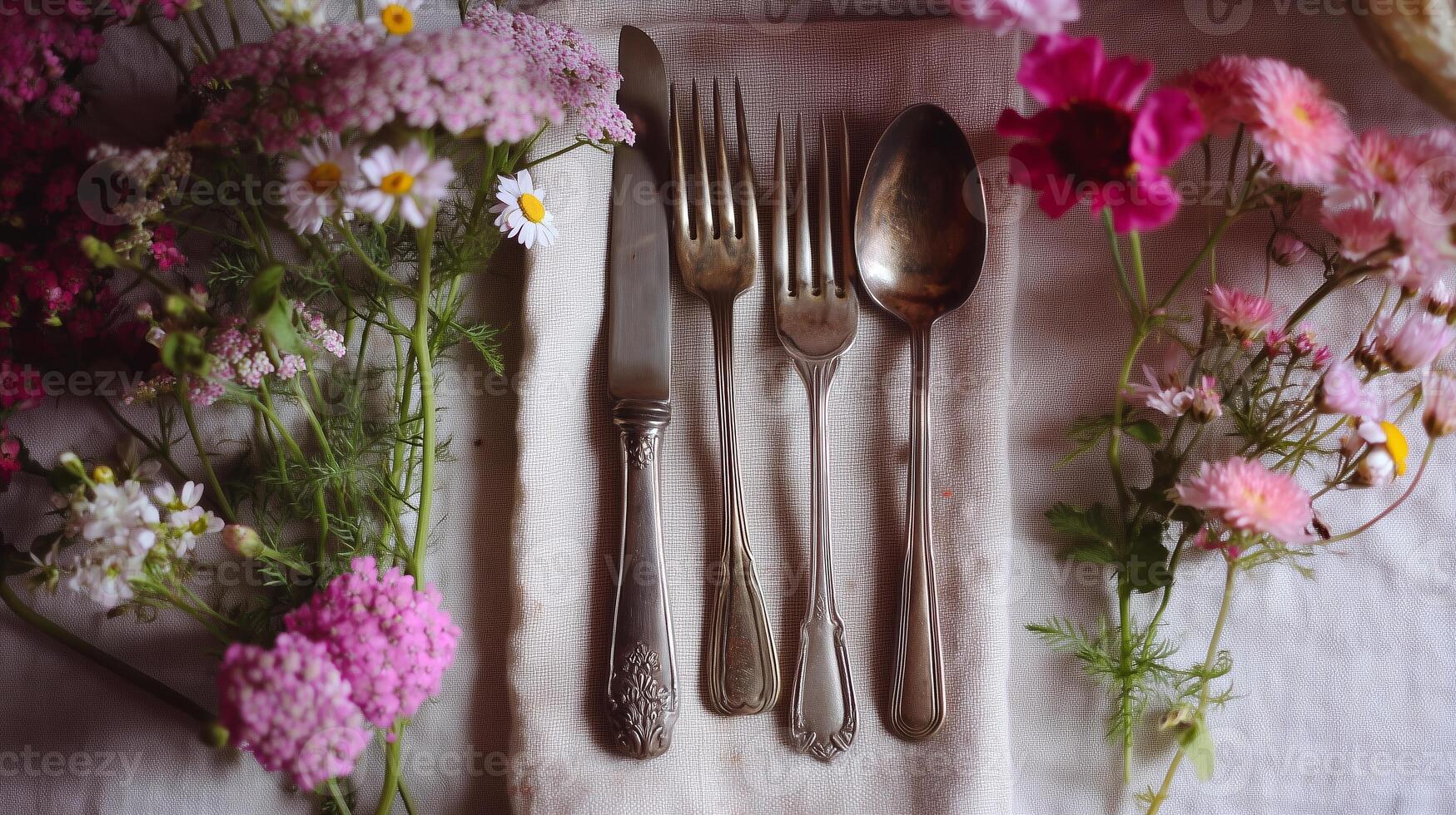 Elegant silver cutlery arranged on a linen cloth surrounded by fresh flowers for a spring gathering photo