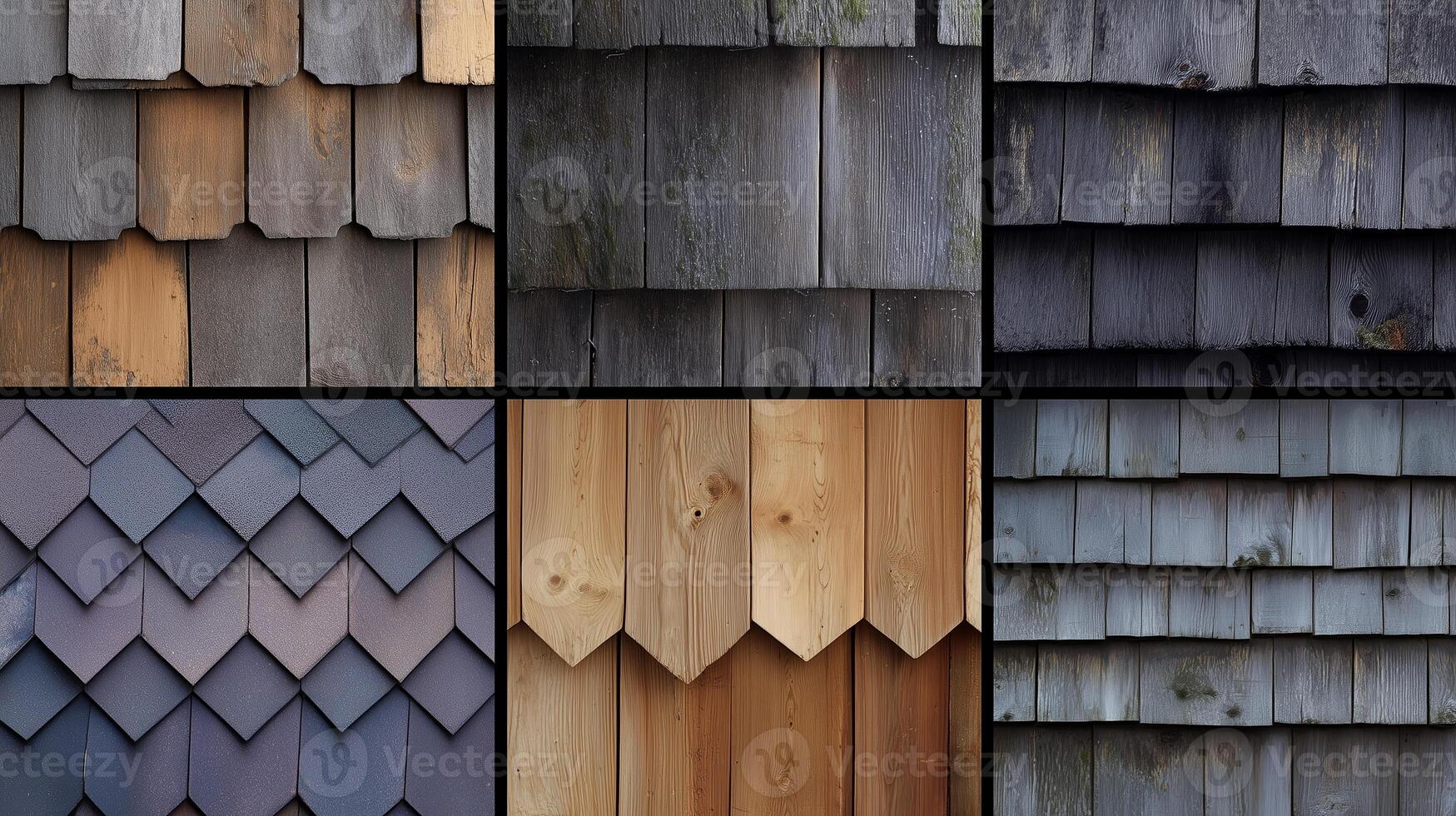 Wooden shingles in various shades and textures found on a rustic building in a forest setting during daylight hours photo