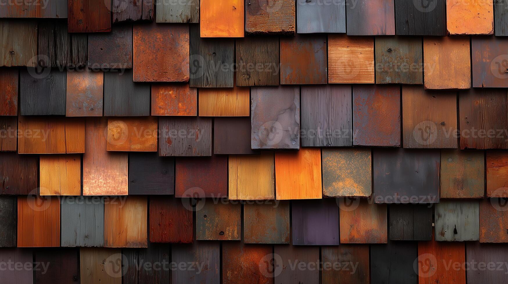 Wooden shingles in varying colors create a rustic and textured facade on a building exterior in natural light photo