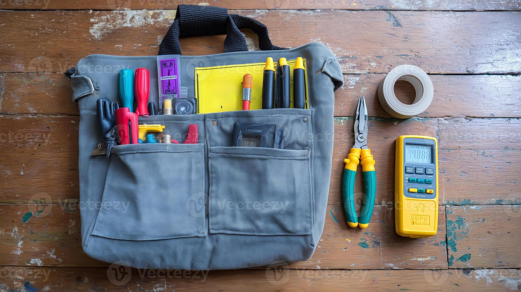 Utility bag filled with tools and equipment for home repairs on a wooden floor photo