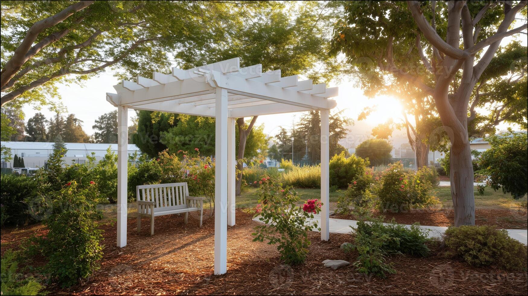 Tranquil garden setting featuring a white pergola and a bench during golden hour in a peaceful landscape photo