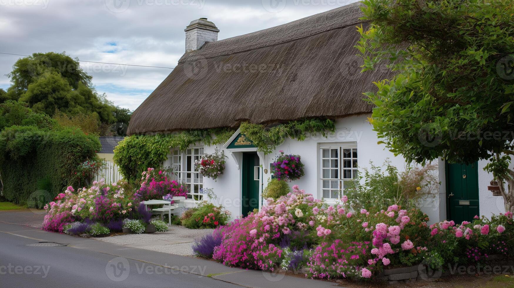 Charming thatched cottage surrounded by vibrant flowers in a quaint village during a cloudy day photo