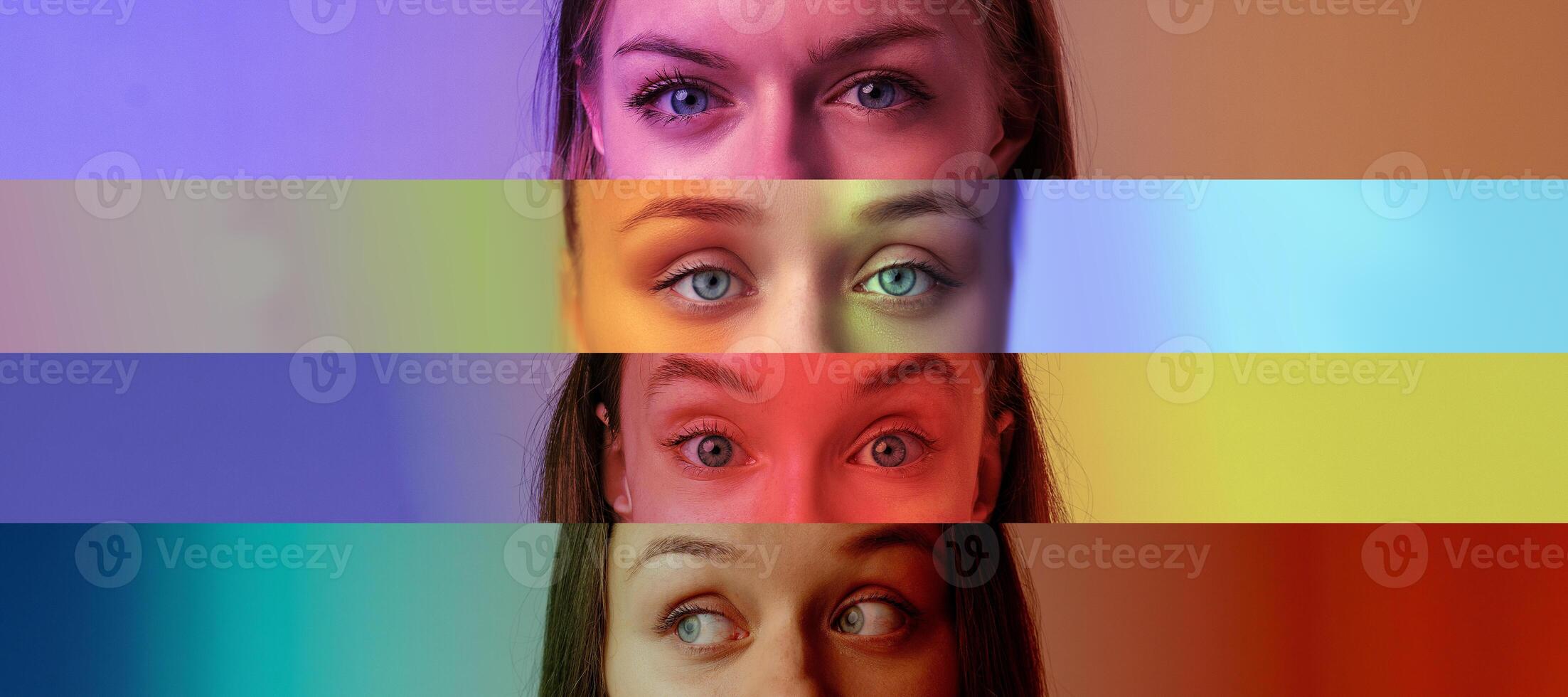 Various close-up shots of eyes showcasing different colors and expressions against vibrant backgrounds photo