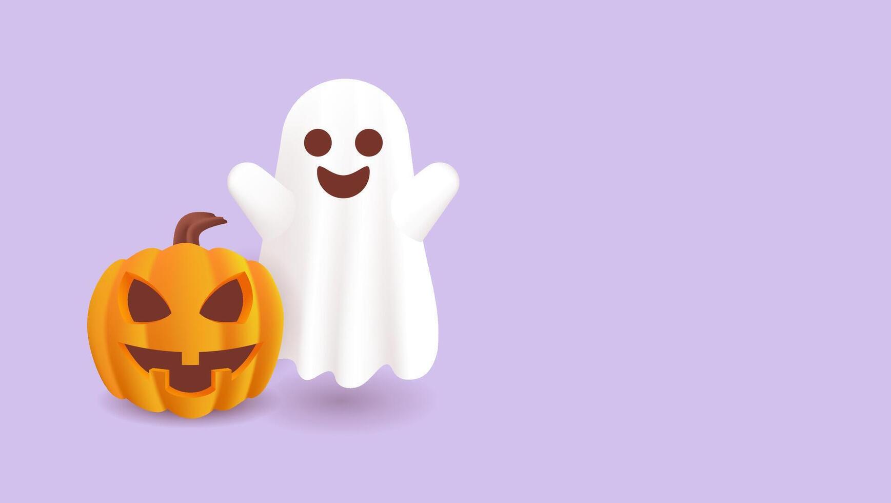 Smiling ghost is beside a carved jackolantern. vector