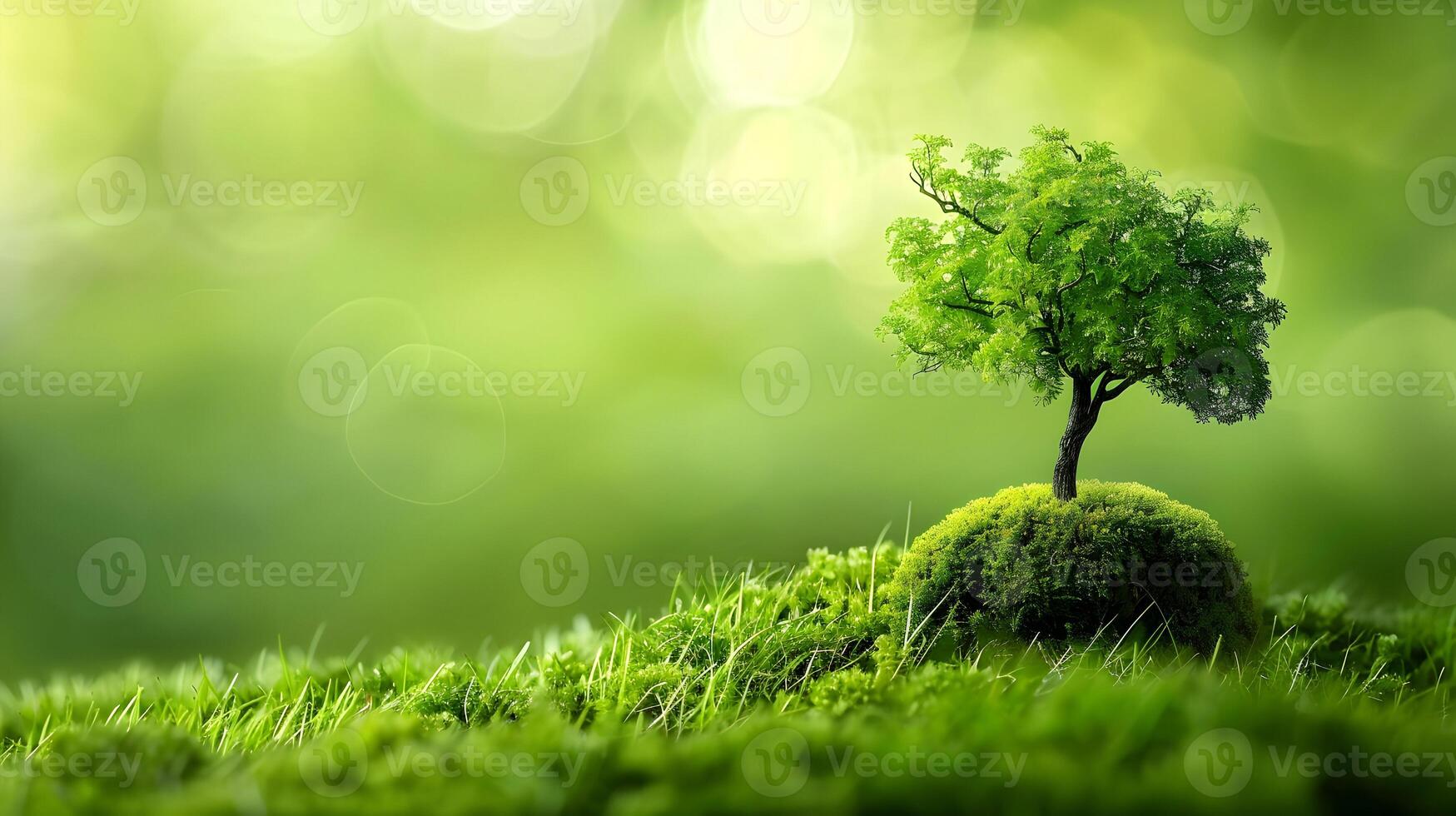 A small tree is growing on top of a green grassy field photo