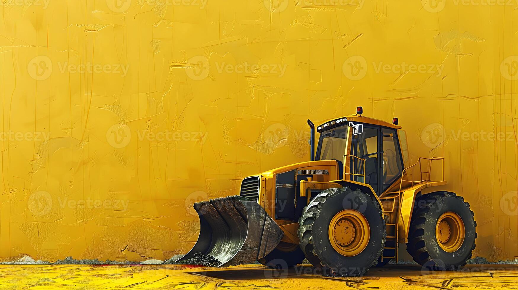 A yellow wall with a bulldozer in front of it photo