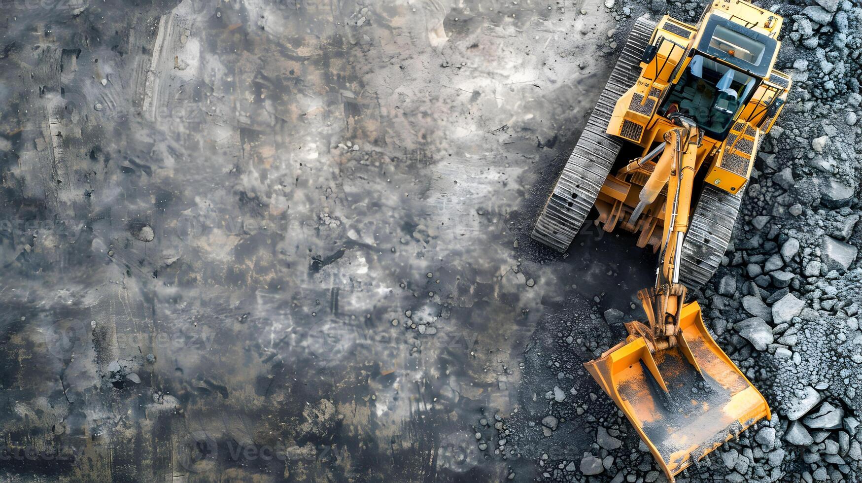 A yellow bulldozer is sitting on top of a pile of rocks photo