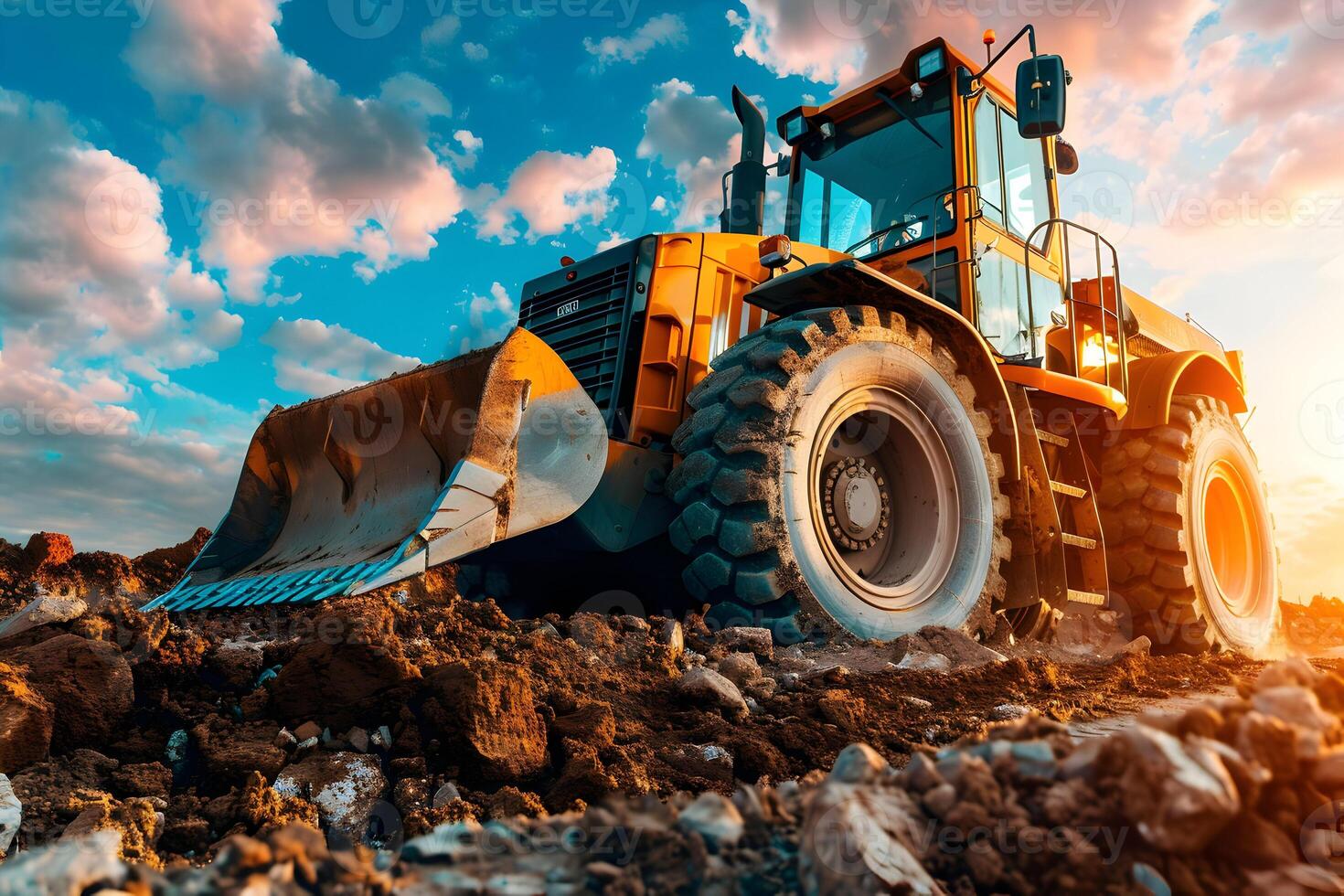 A large bulldozer is sitting on top of dirt photo