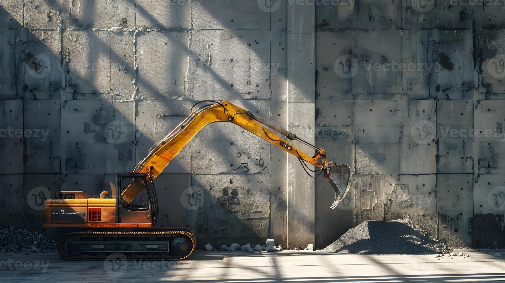 An excavator is sitting in front of a wall photo