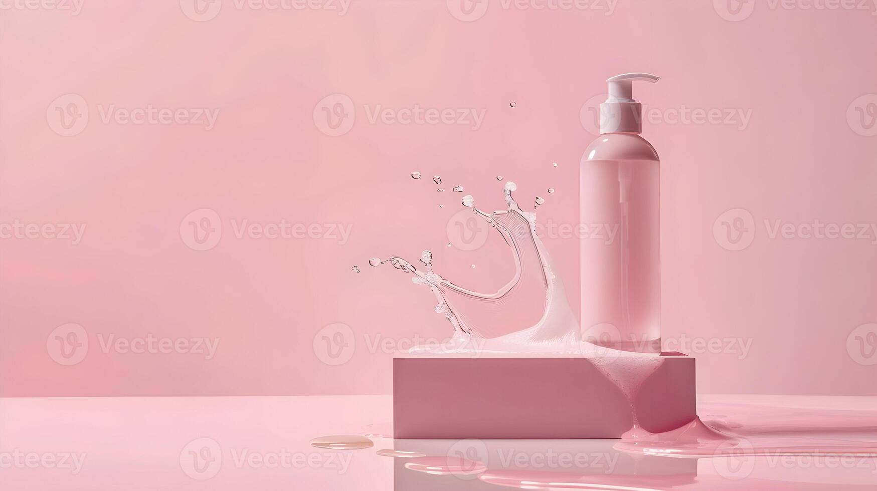 A bottle of liquid soap is sitting on a pink table photo