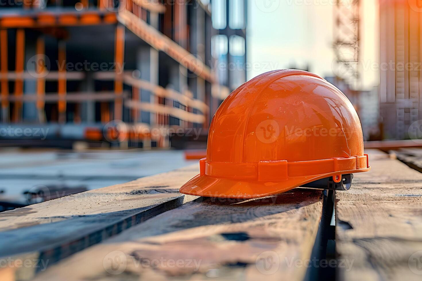 An orange hard hat sitting on a wooden platform photo