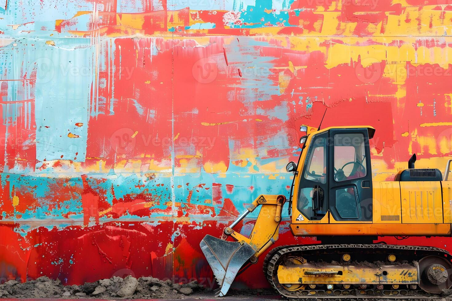 A yellow and blue bulldozer sitting in front of a red and blue painted wall photo