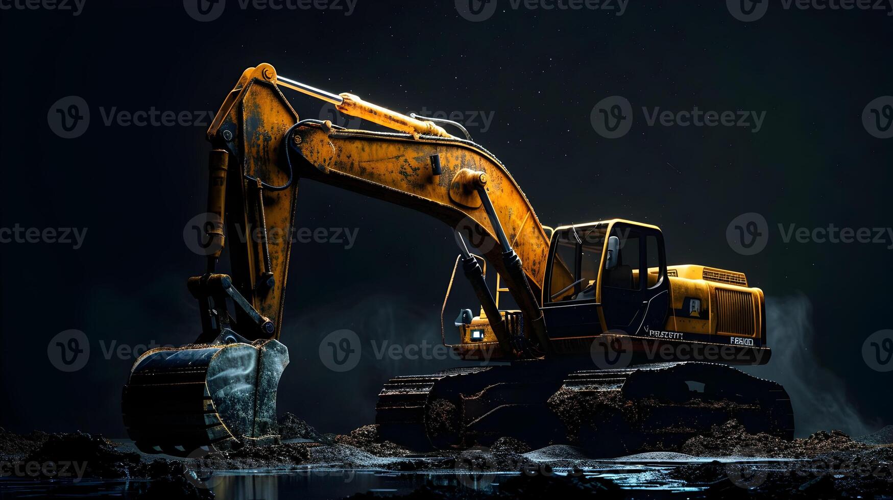 A large excavator is sitting in the dark photo