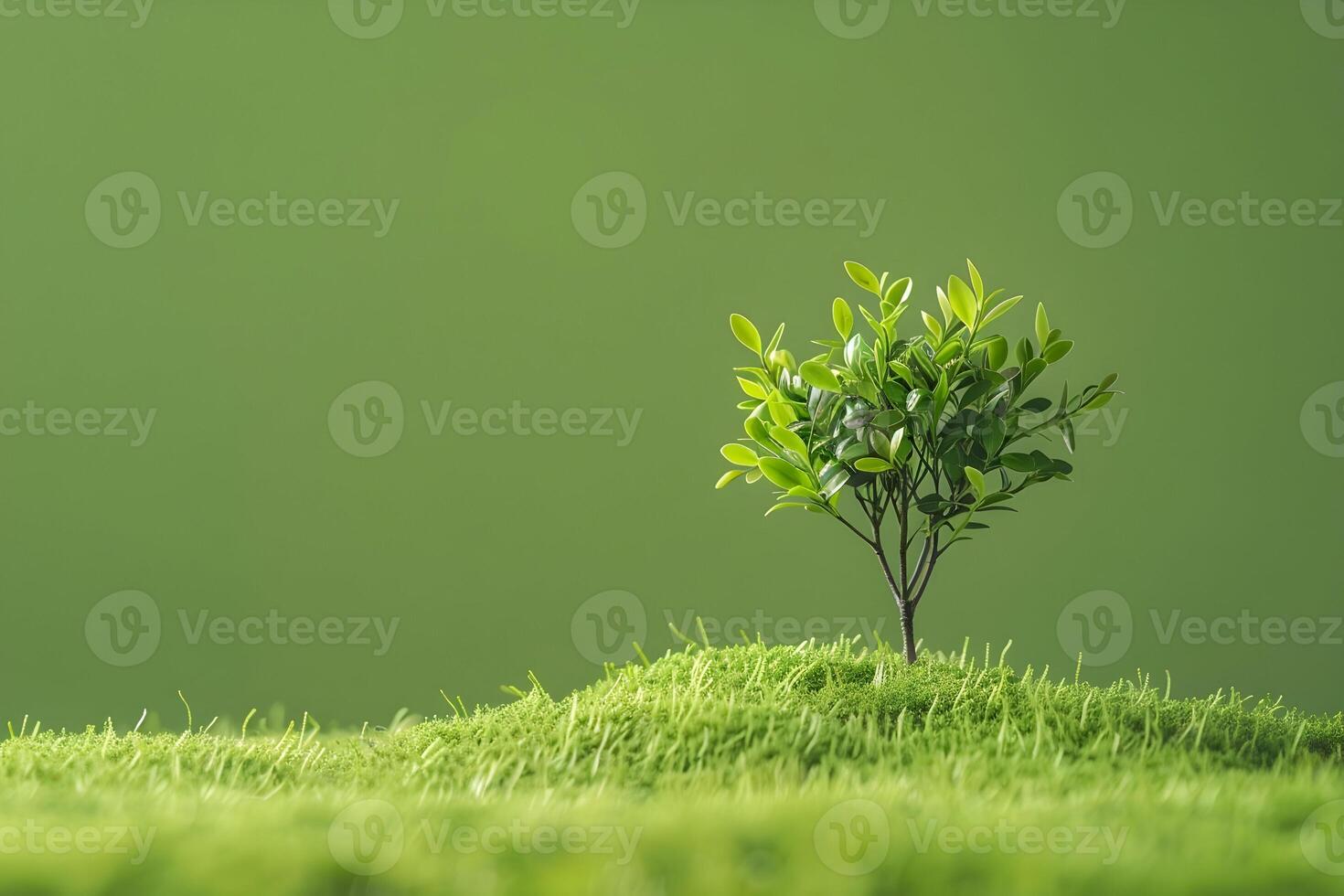 A small tree is standing on top of a green field photo