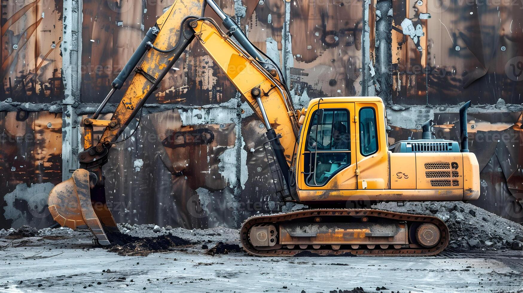 A yellow excavator is parked in front of a rusty wall photo