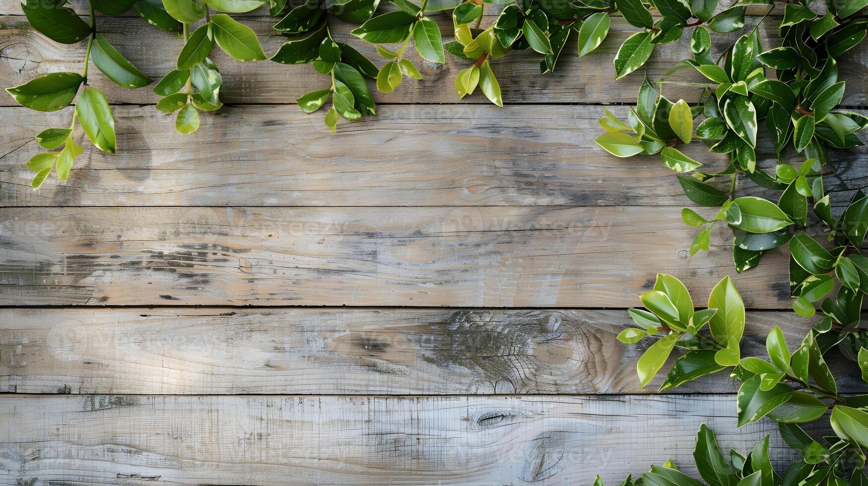 A wooden wall with green leaves on it photo