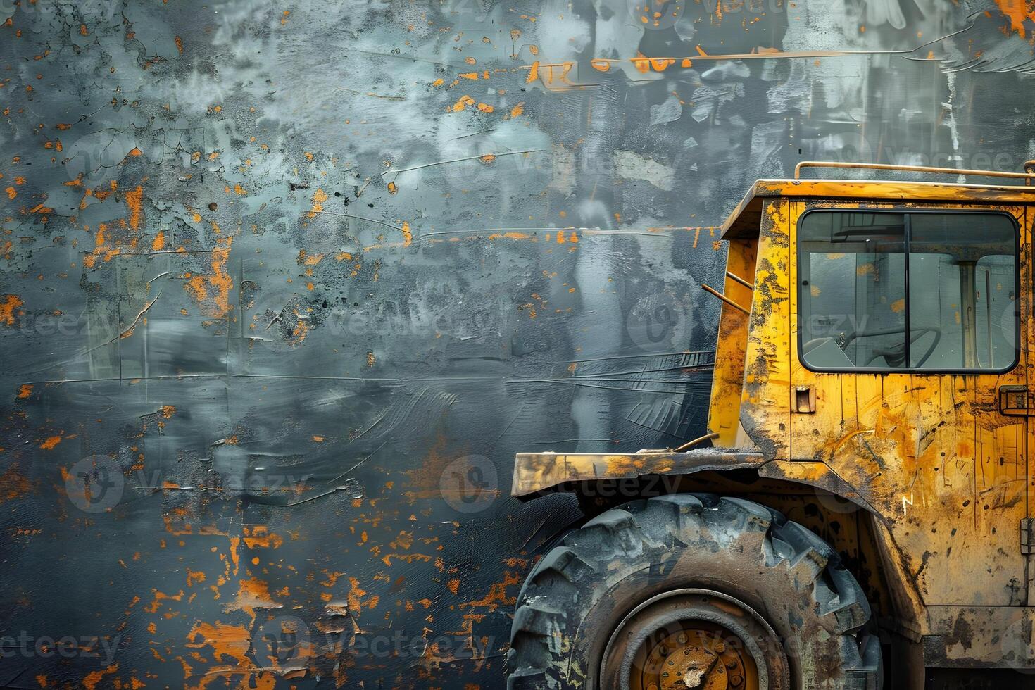 A rusty old tractor is parked in front of a wall photo