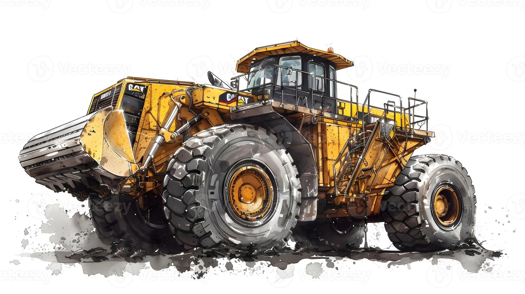 A large yellow bulldozer is shown in this watercolor painting photo