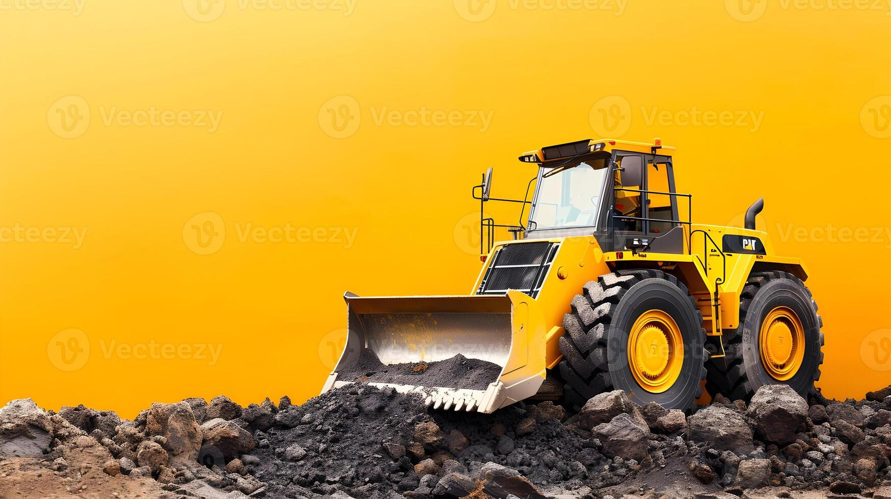 A yellow bulldozer is sitting on top of a pile of dirt photo