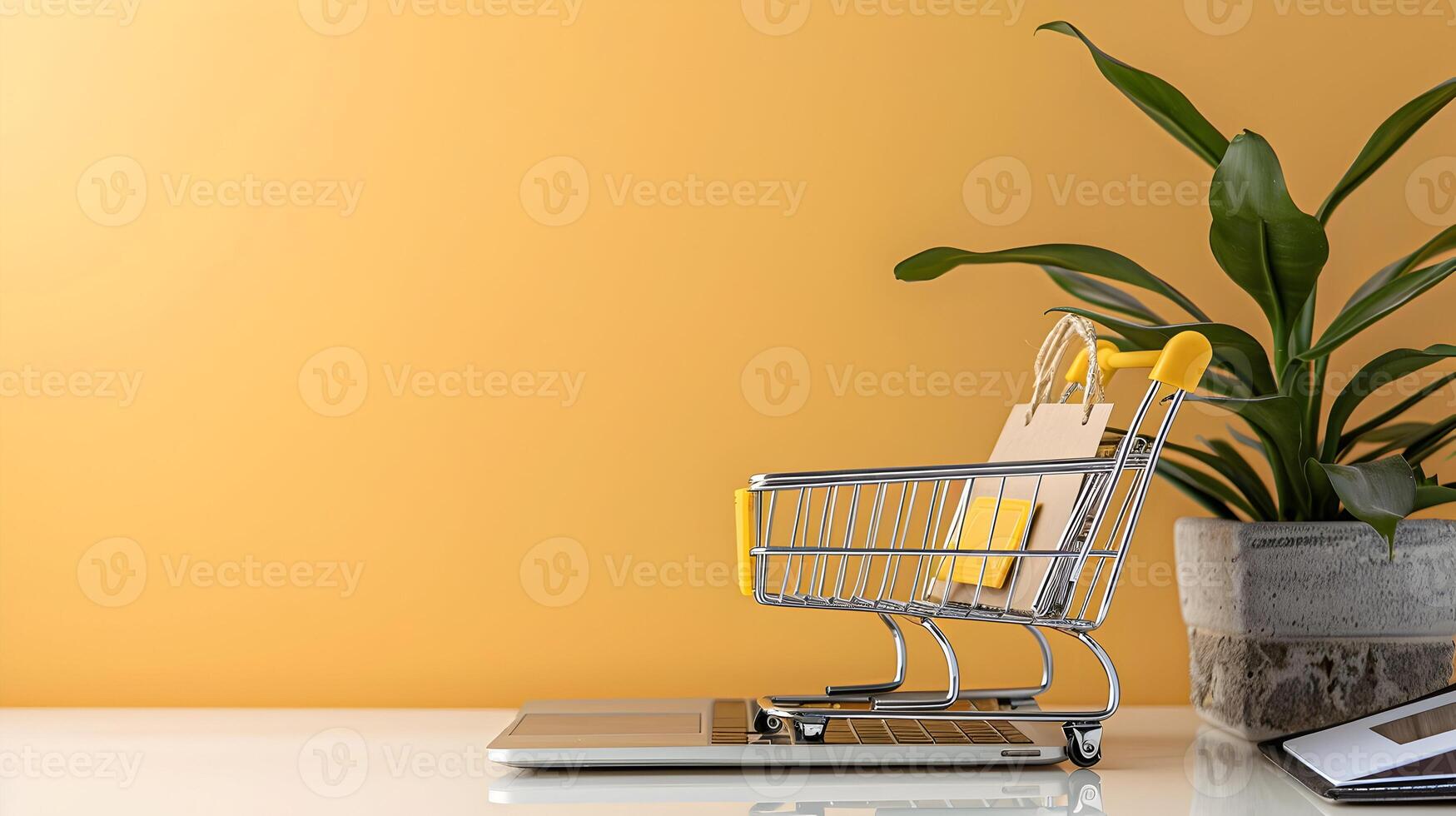 A laptop, a shopping cart and a plant on a desk photo