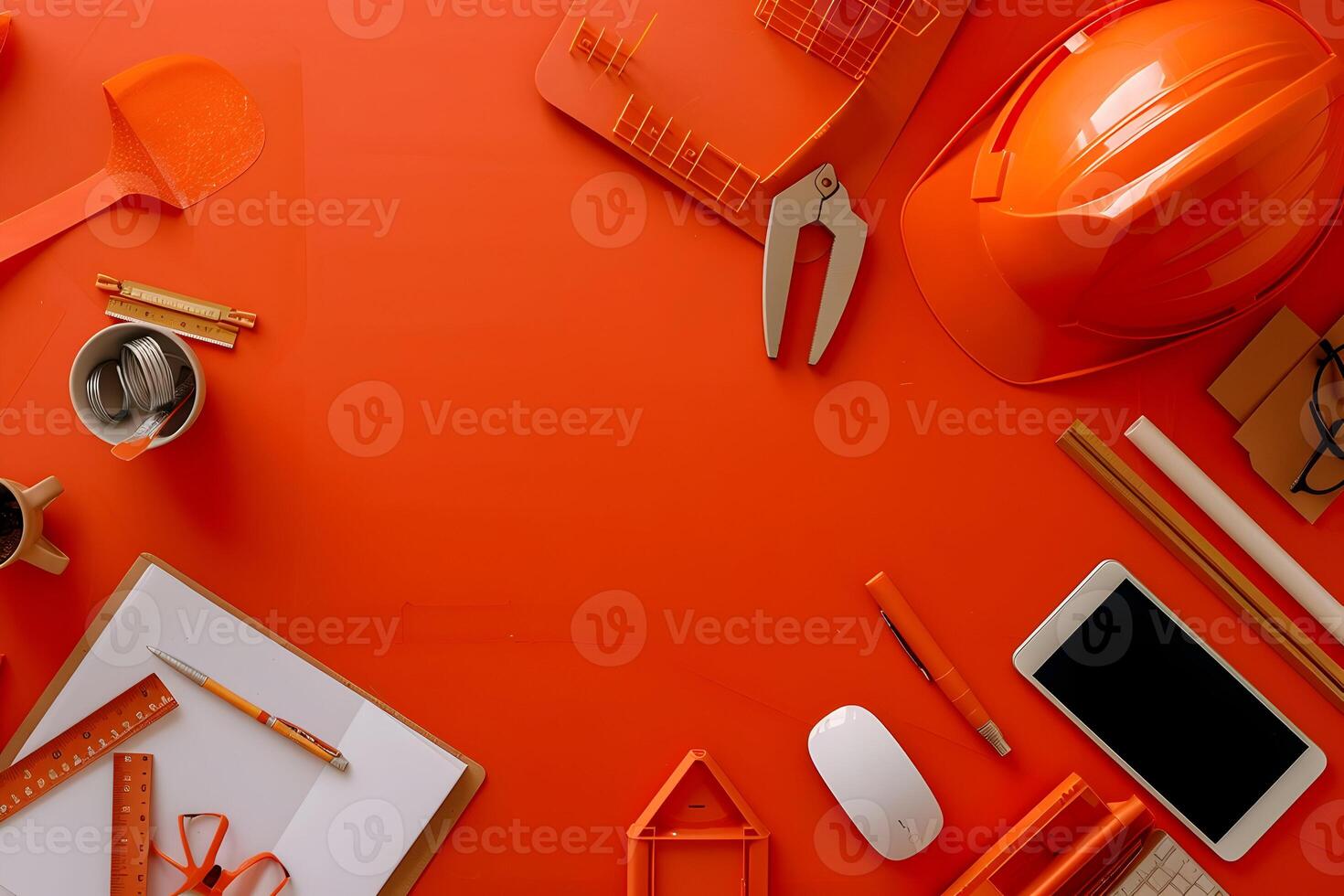 Construction tools and office supplies on an orange surface photo