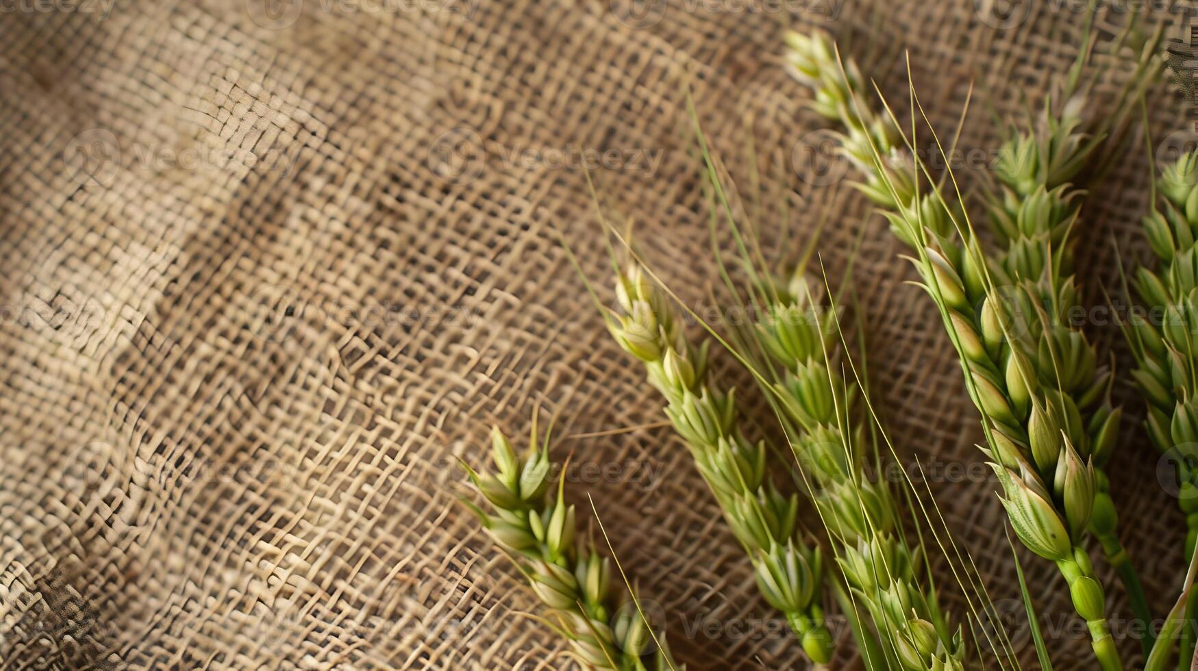 A bunch of green wheat on a burlock cloth photo