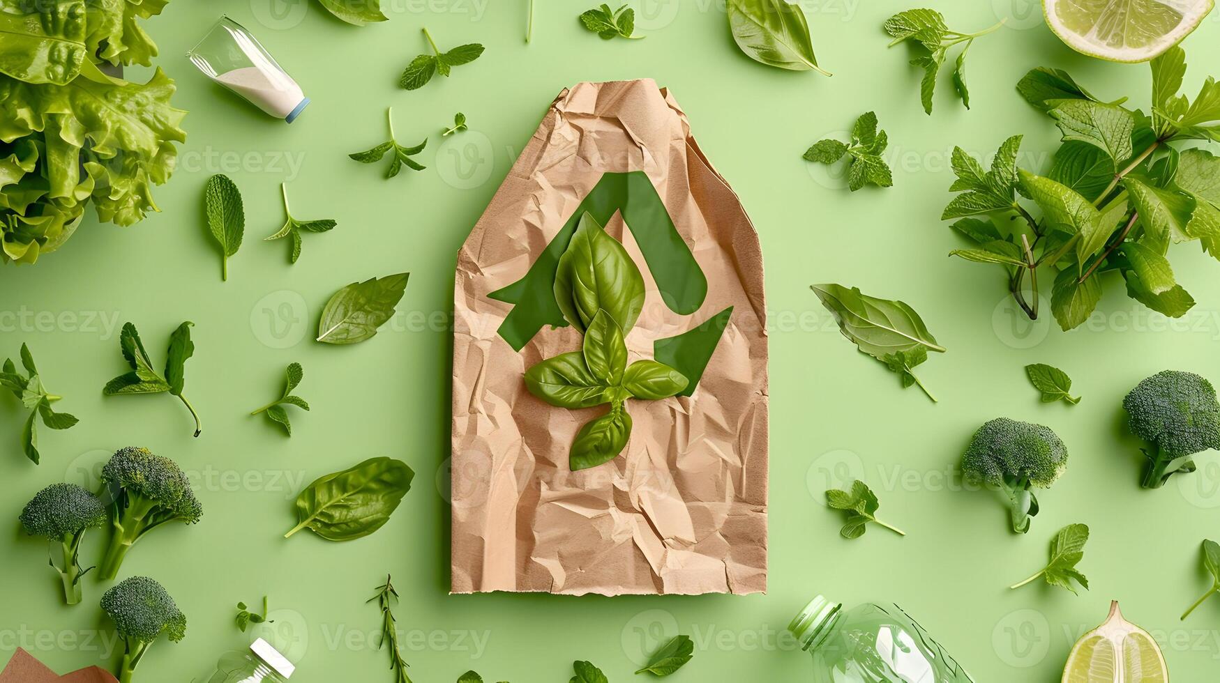 Paper bag with vegetables and plastic bottles on green background photo