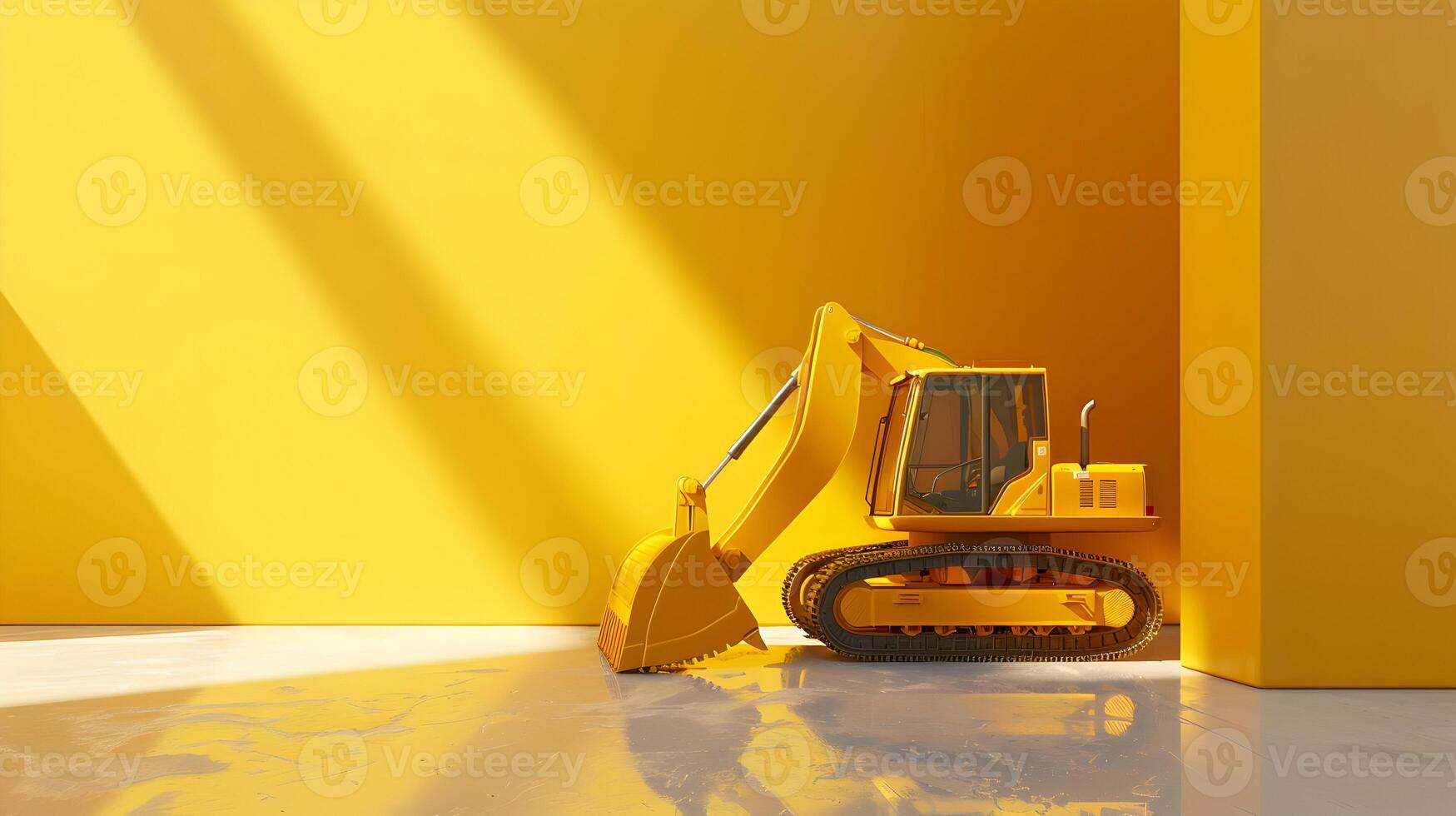 A yellow excavator sits in front of a wall photo