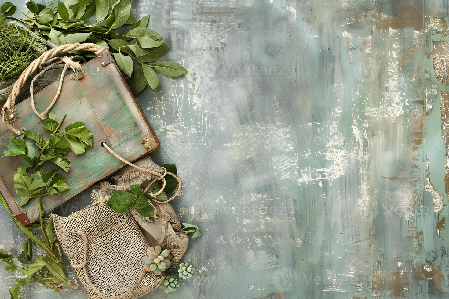 A wooden box with some plants and a bag photo