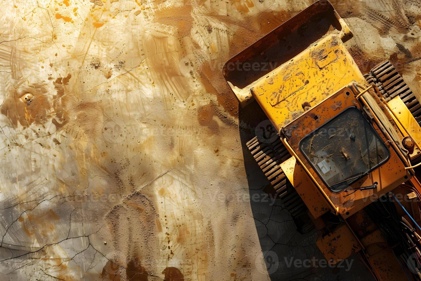 A yellow bulldozer is parked on a dirty surface photo